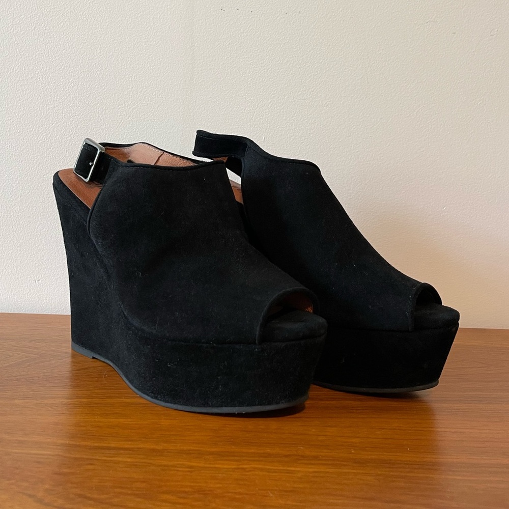 Jeffrey Campbell Dexter Black Suede Platform Peeptoe Wedge Heels 7.5 US